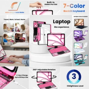 nevcase transparent pink y2k ipad keyboard case 7 color backlit 360 rotation hidden pen slot