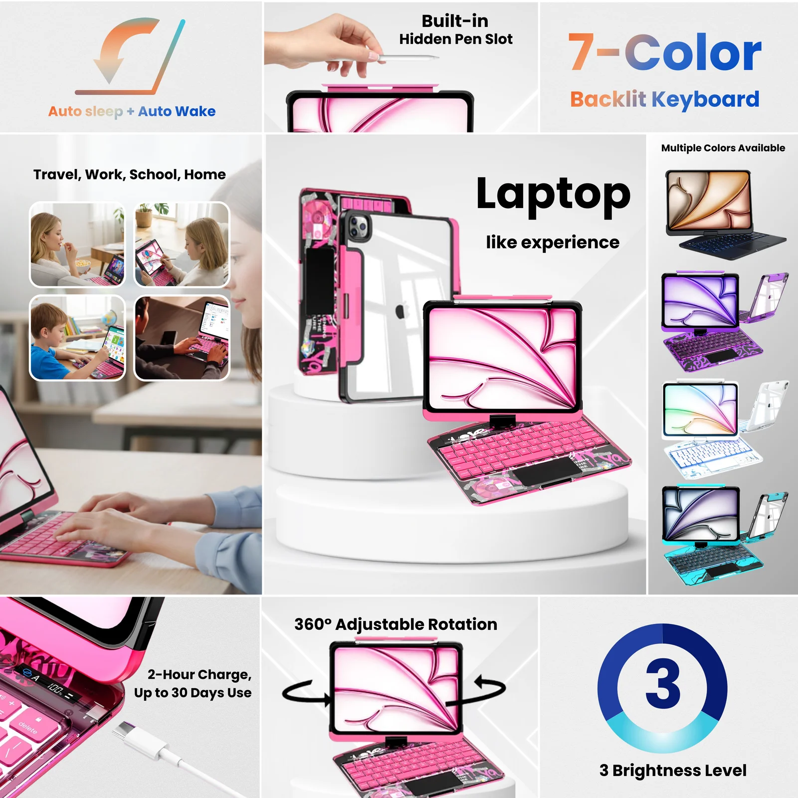 nevcase transparent pink y2k ipad keyboard case 7 color backlit 360 rotation hidden pen slot nevcase transparent pink y2k ipad keyboard case 7 color backlit 360 rotation hidden pen slot