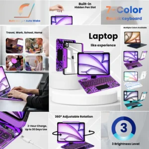 nevcase transparent purple y2k ipad keyboard case 7 color backlit 360 rotation hidden pen slot